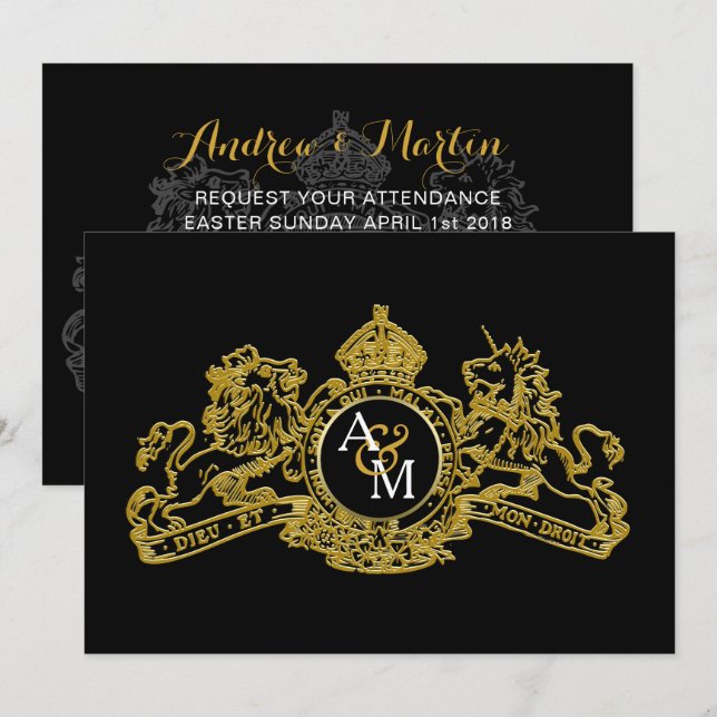 Black Gold Lion Unicorn Regal Emblem Wedding Invitation (Front/Back)