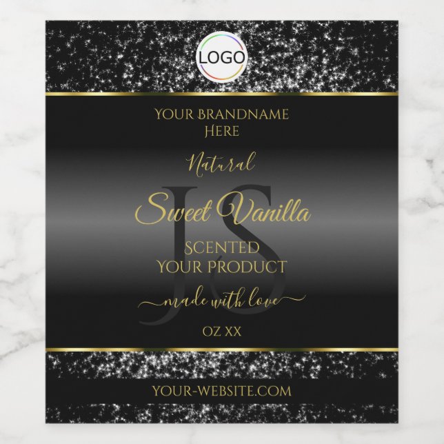Black Gold Logo Initials Glitter Product Labels (Single Label)