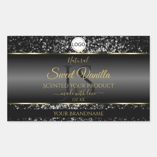 Black Gold Logo Initials Glitter Product Labels (Front)