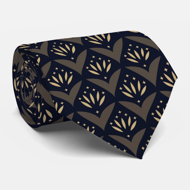 Black gold lotus vintage ethnic pattern tie (Rolled)