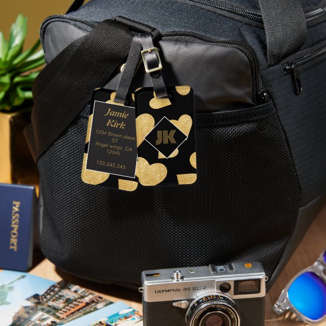 black gold love monogram personalize custom  luggage tag (Front & Back)