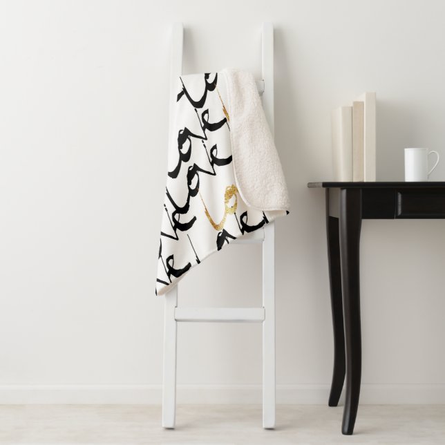 Black & Gold LOVE Pattern Sherpa Blanket (In Situ)