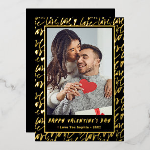 Black & Gold Love Valentines Day Photo Foil Holiday Card