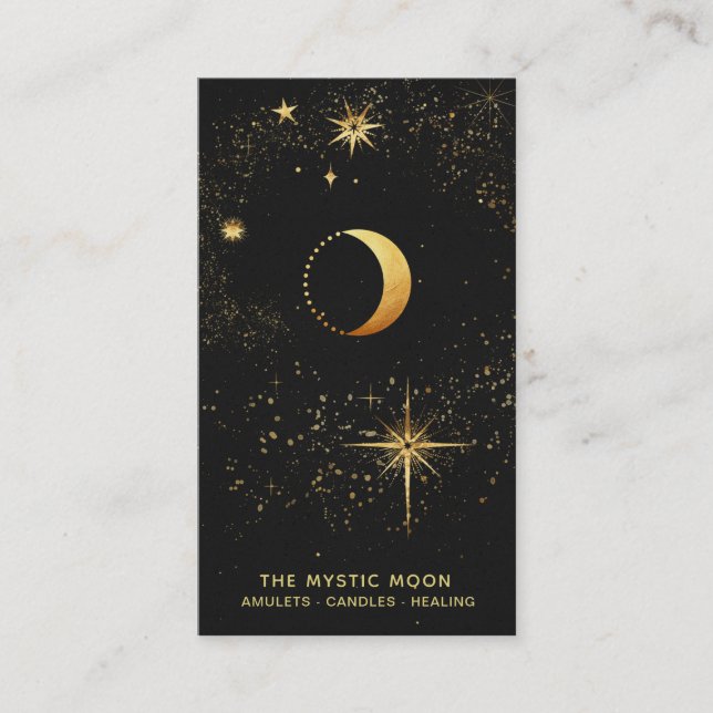 *~* Black Gold Lunar Stars Mystic Moon Luna Business Card (Front)