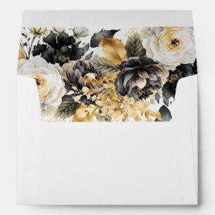 Black Gold Luxe Floral Wedding Return Address Envelope