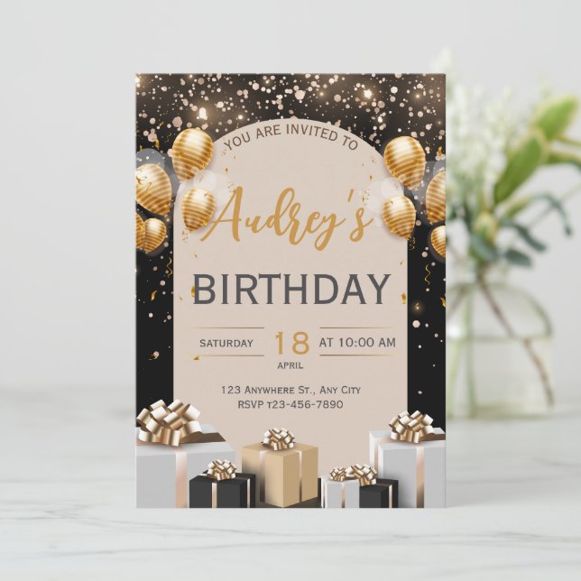 Black Gold Luxury Anniversaire Invitation (Debout devant)