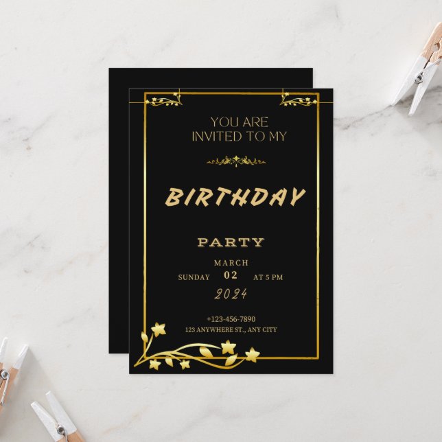 Black Gold Luxury Birthday Invitation (Front/Back In Situ)