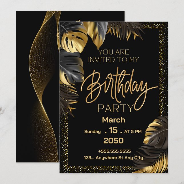 Black Gold Luxury Bonne Invitation de fête d'anniv (Devant / Derrière)