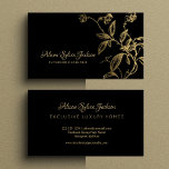 Black gold luxury elegant botanical foliage business card<br><div class="desc">Gold black elegant business card with a botanical foliage branch and vintage exclusive looking calligraphy script. Suitable for personal branding specialists, fashion and home interior designers, artists, painters, boutique owners, creative professionals, brand identity designers, furniture and antique dealers, wedding planners, salon managers, makeup artists, beauticians, estheticians, skin care specialists or...</div>