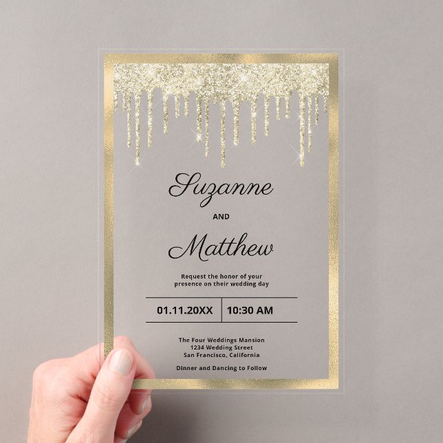 Black gold luxury glitter drips Wedding Acrylic Invitations (Insitu (Handheld))