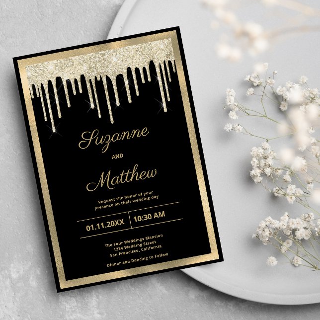 Black gold luxury glitter drips wedding invitation (Black gold luxury glitter drips wedding)