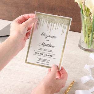 Black gold luxury glitter drips Wedding Vellum Invitations