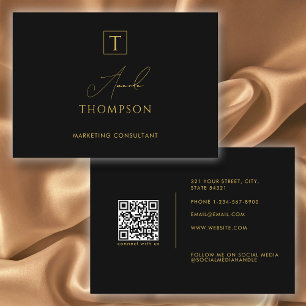 Black Gold Luxury Monogram Social Media QR Code Business Card