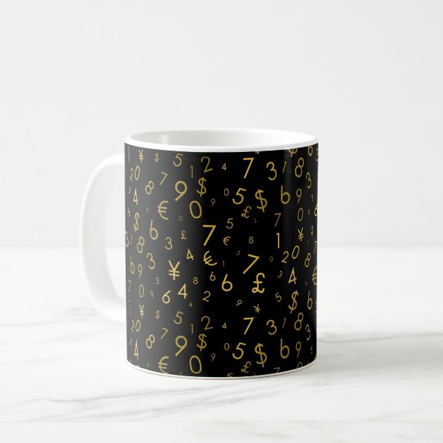 Black Gold Luxury Numbers Currency Symbols Pattern Coffee Mug (Front Left)