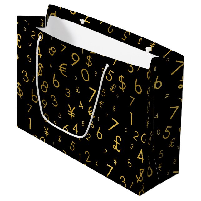 Black Gold Luxury Numbers Currency Symbols Pattern Large Gift Bag (Front Angled)