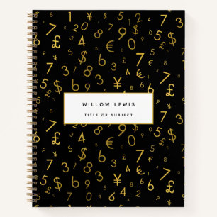 Black Gold Luxury Numbers Currency Symbols Pattern Notebook