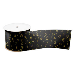 Black Gold Luxury Numbers Currency Symbols Pattern Satin Ribbon