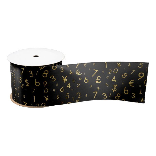 Black Gold Luxury Numbers Currency Symbols Pattern Satin Ribbon (Spool)