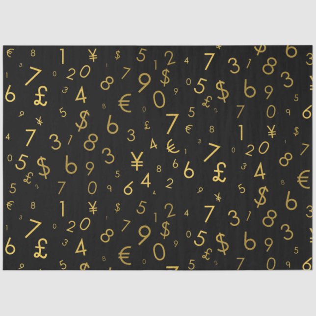 Black Gold Luxury Numbers Currency Symbols Pattern Tissue Paper (Front)