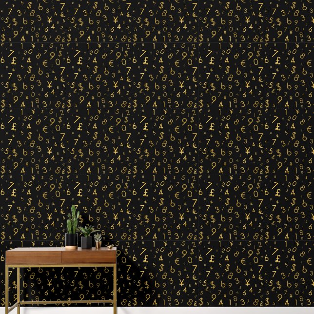 Black Gold Luxury Numbers Currency Symbols Pattern Wallpaper (Hallway)