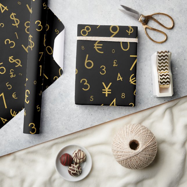 Black Gold Luxury Numbers Currency Symbols Pattern Wrapping Paper (Crafts)