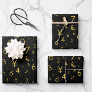 Black Gold Luxury Numbers Currency Symbols Pattern Wrapping Paper Sheet
