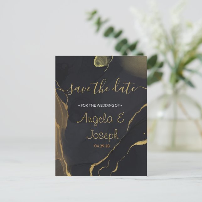 black & Gold M Save the Date Announcement Postcard (Standing Front)