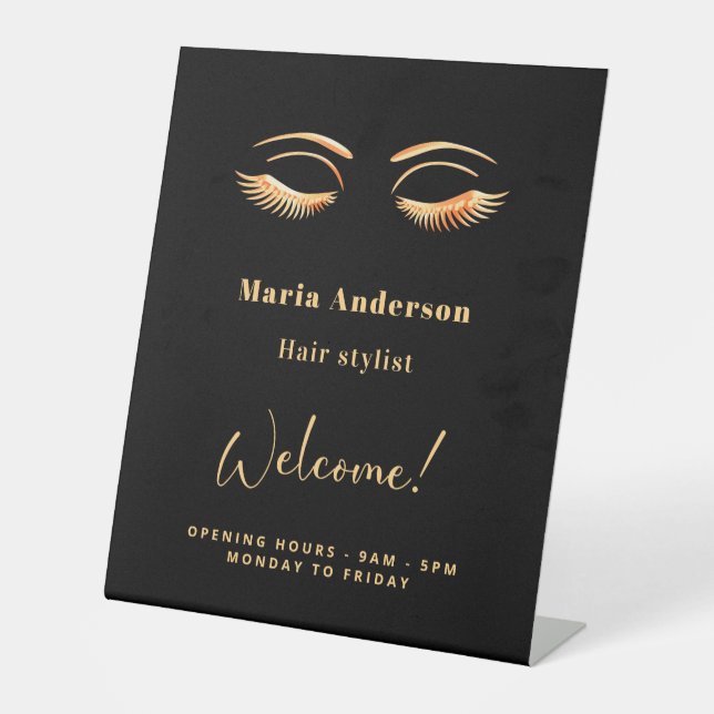 Black gold makeup artist opening hours welcome pedestal sign (Front)