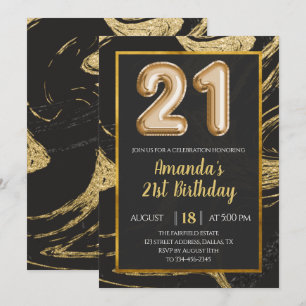 Black Gold Marble 21st Birthday Invitation