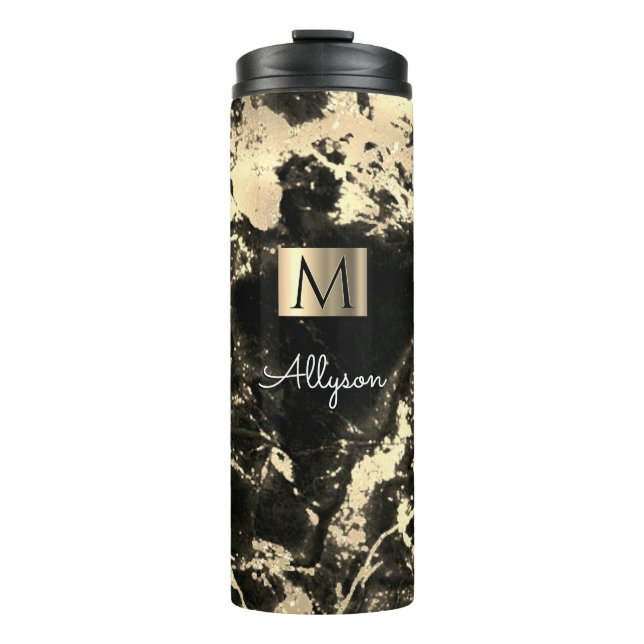 Black & Gold Marble 3, Gold Box, Name & Monogram Thermal Tumbler (Front)