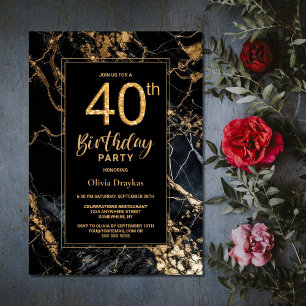 Black Gold Marble 40th Birthday Party Invitation