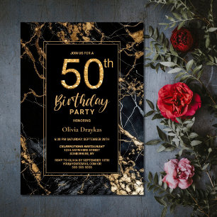 Black Gold Marble 50th Birthday Party Invitation