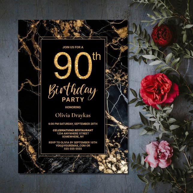 Black Gold Marble 90th Birthday Party Invitation (Creator Uploaded)