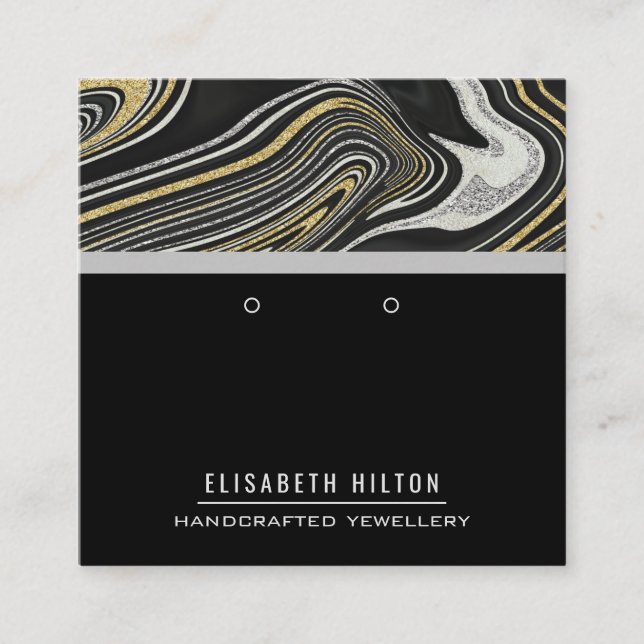 Black gold marble agate Earring display Square Business Card (Front)