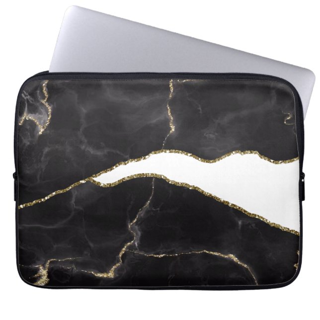 Black Gold Marble Agate Glam  Laptop Sleeve (Front)