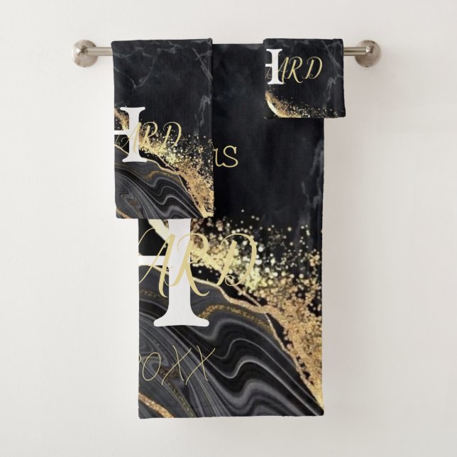 Black Gold Marble Agate Monogram Name Newlyweds Bath Towel Set (Insitu)