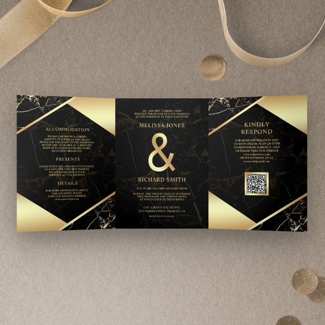 Black Gold Marble Ampersand QR Code Wedding Tri-Fold Invitation (Creator Uploaded)
