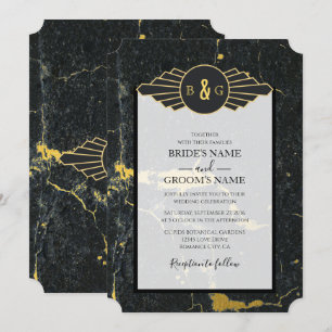 Black Gold Marble Art Deco Wedding Invitation