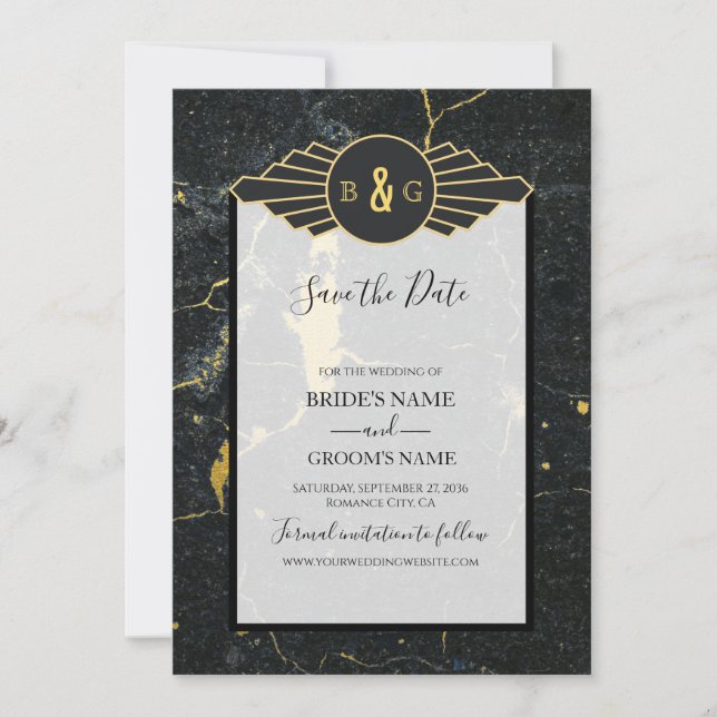 Black Gold Marble Art Deco Wedding  Save The Date (Front)