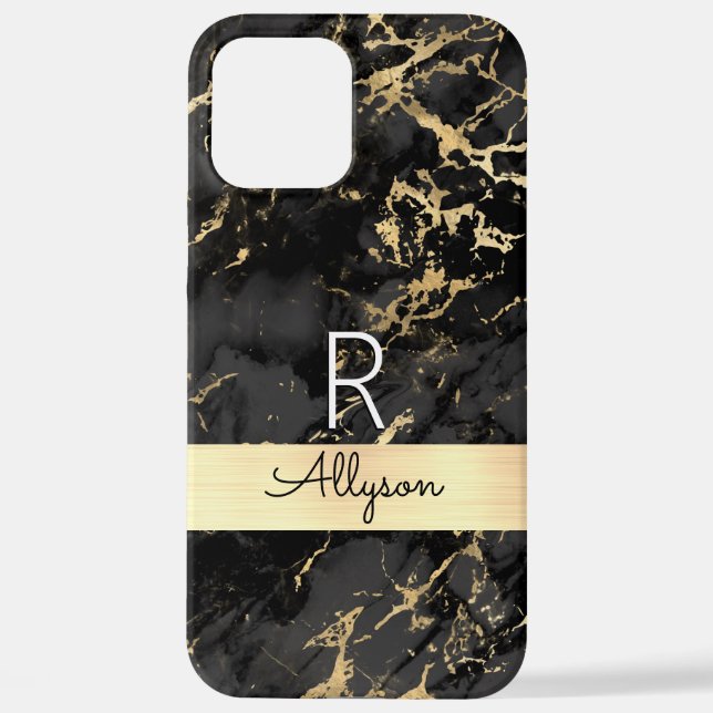 Black & Gold Marble, DIY Black Name & Wht Monogram iPhone Case (Back)