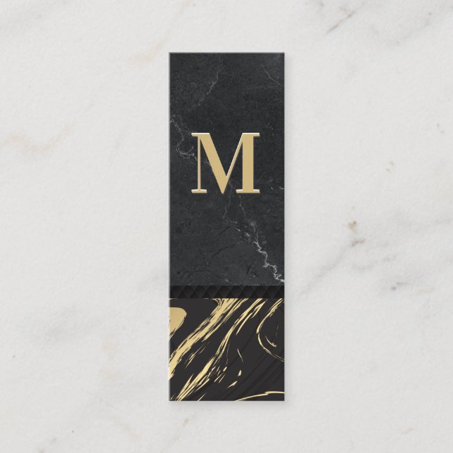 Black Gold Marble | Engraved Monogram Mini Business Card (Front)