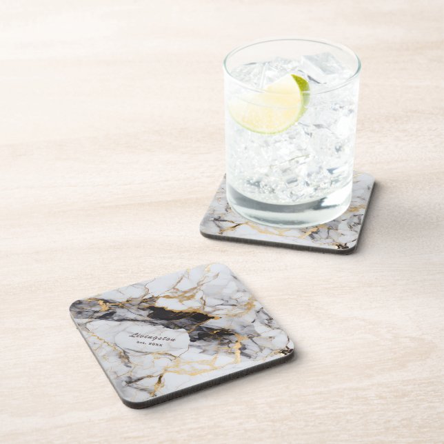Black Gold Marble Established Personalized Coaster (Right Side)