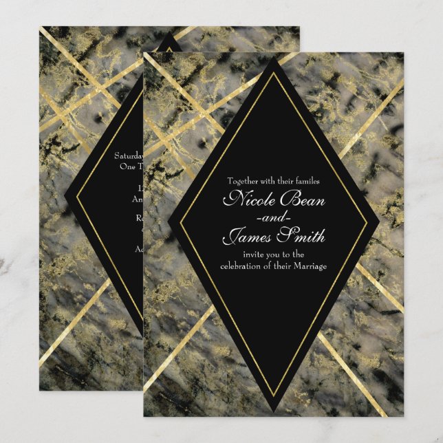 Black & Gold Marble Glam Invitations de mariage (Devant / Derrière)