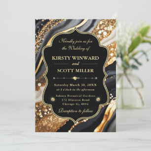 Black Gold Marble Glitter Elegant Wedding Invitation