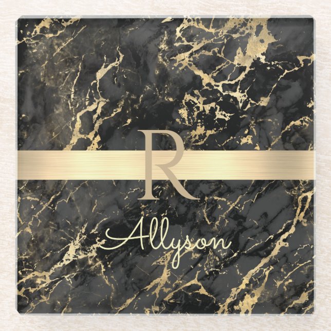 Black & Gold Marble, Gold Bar, DIY Name & Monogram Glass Coaster (Front)