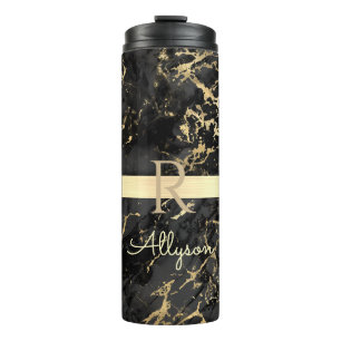 Black & Gold Marble, Gold Bar, DIY Name & Monogram Thermal Tumbler