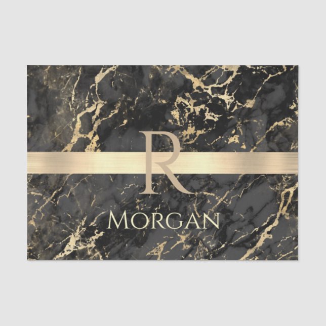 Black & Gold Marble, Gold Bar, Name & Monogram Tissue Paper (Front)