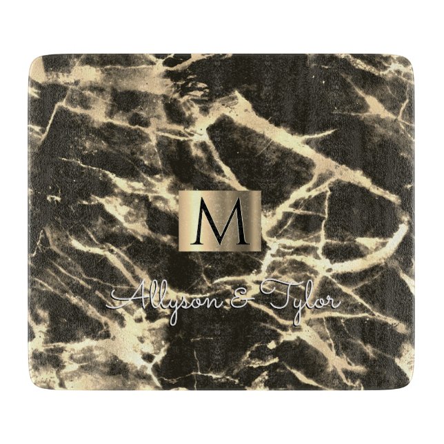 Black & Gold Marble, Gold Box, Name & Monogram Cutting Board (Front)