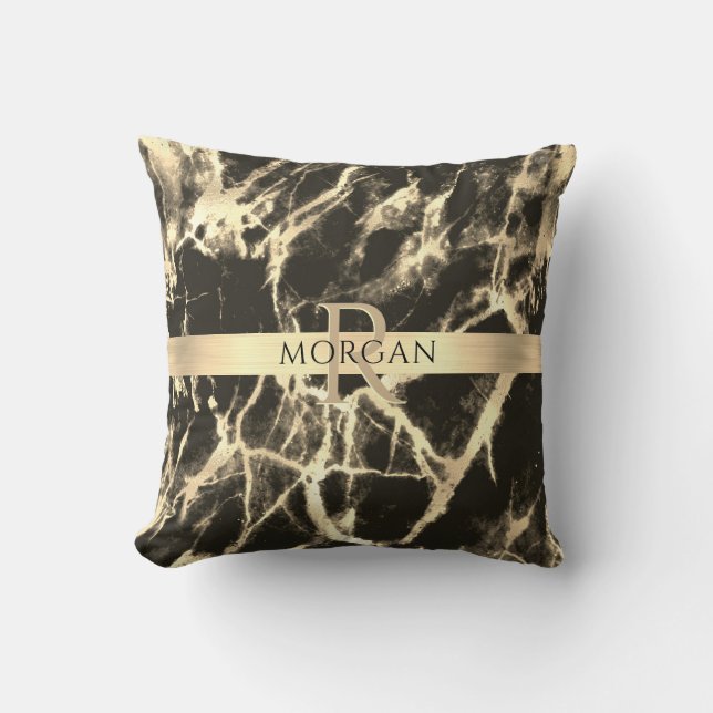 Black & Gold Marble, Gold Stripe, Name & Monogram Throw Pillow (Front)
