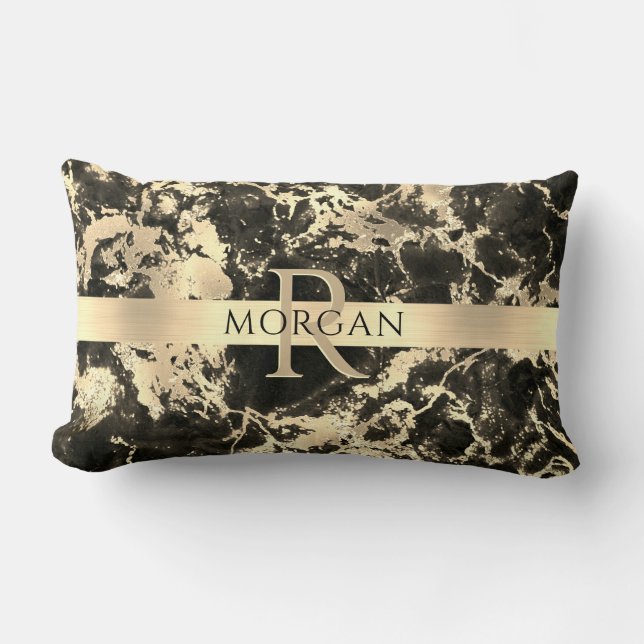 Black+Gold Marble, Gold Stripe, Name+Monogram, Vs3 Lumbar Pillow (Front)